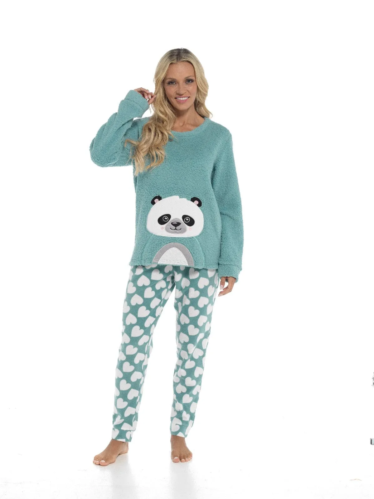 Women's Panda Snuggle Fleece Pyjama Set with Printed Pants Soft and Comfortable Loungewear in Easy Care Fabric Sizes Small to X-Large by Daisy Dreamer