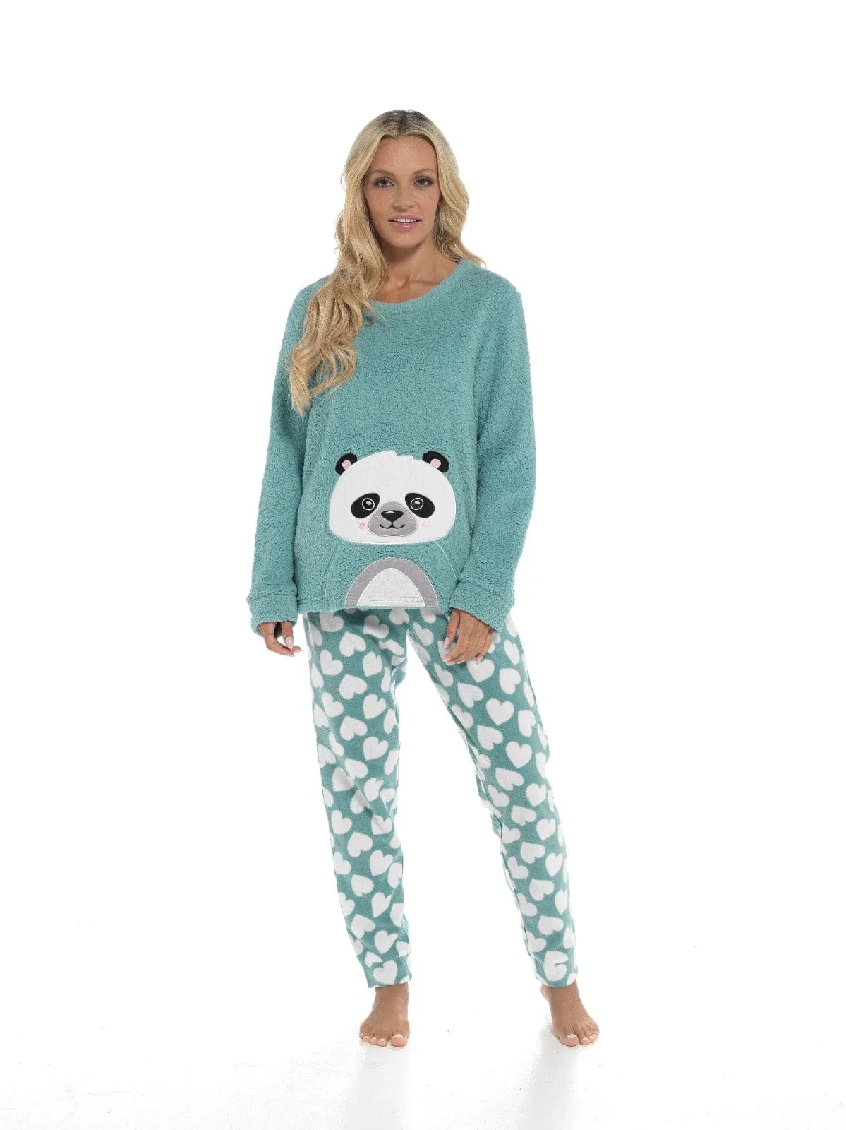 Women's Panda Snuggle Fleece Pyjama Set with Printed Pants Soft and Comfortable Loungewear in Easy Care Fabric Sizes Small to X-Large by Daisy Dreamer