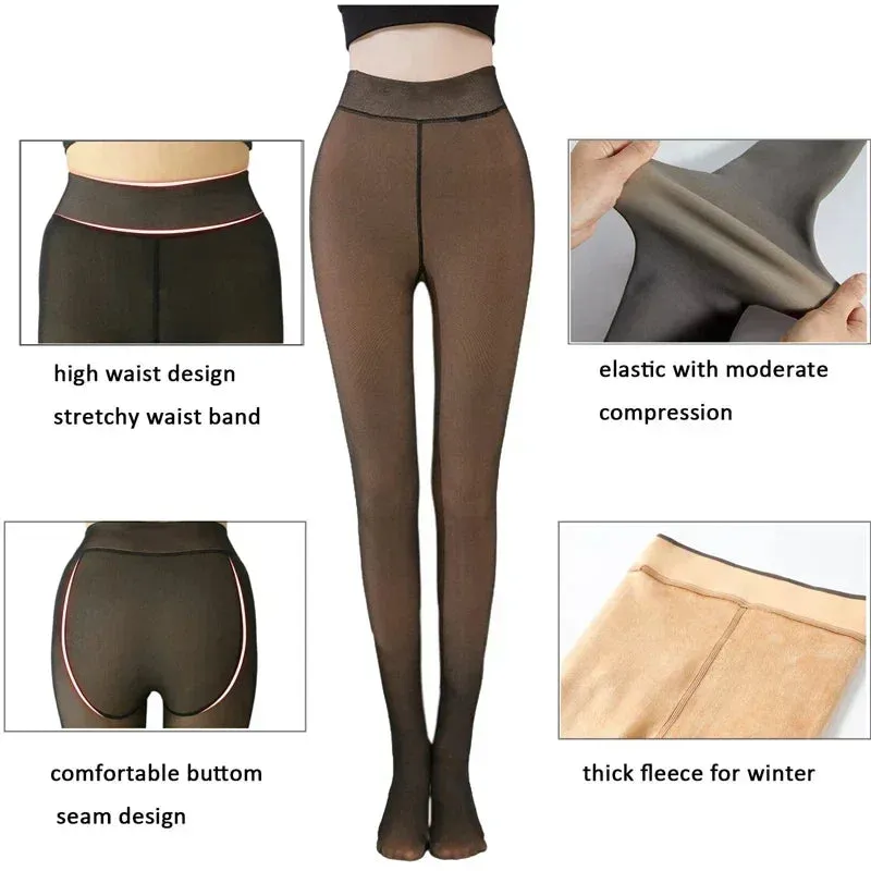 Women's Thermal Leggings Insulated Tights Fleece Lined High Waist Elasticity Thick Plush Women Pantyhose Winter Below 70kg