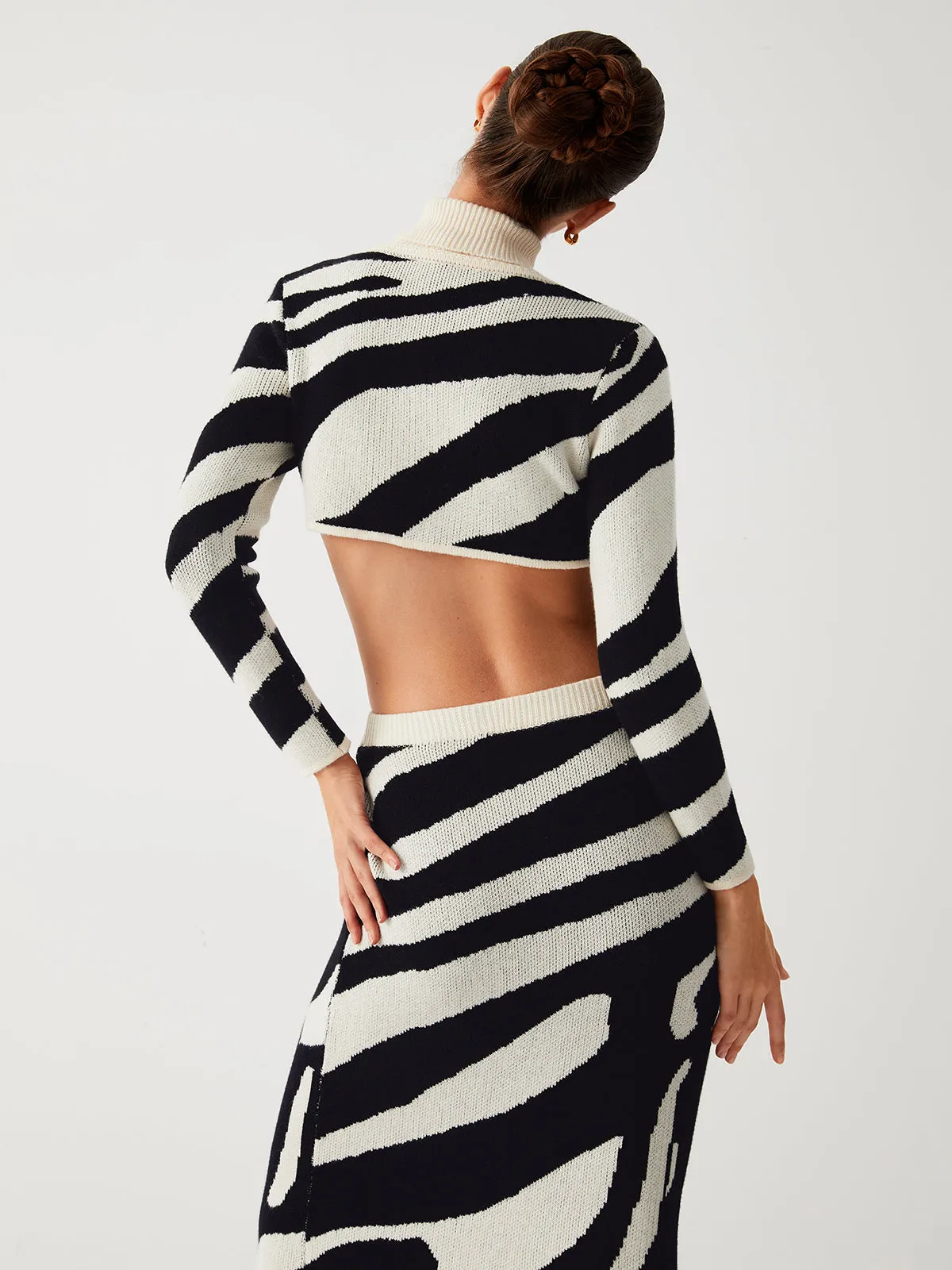 Zebra Print Mock Neck Crop Classic Top Two Piece Skirt Set