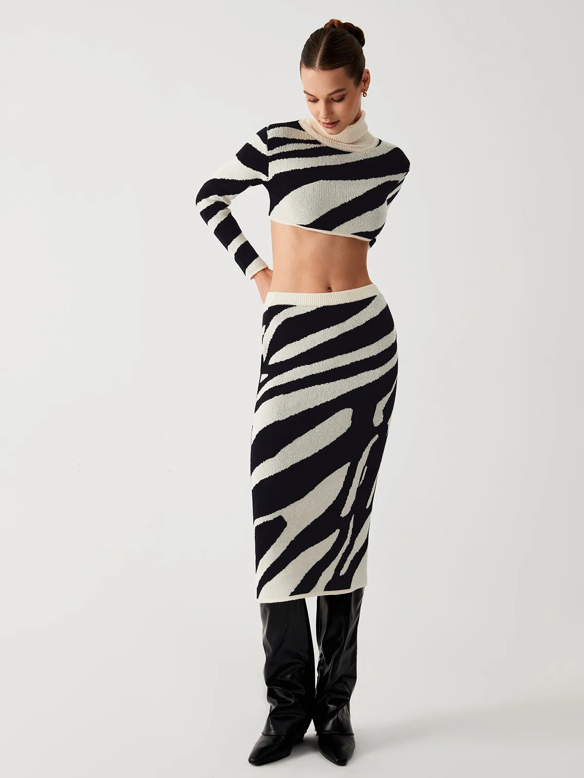 Zebra Print Mock Neck Crop Classic Top Two Piece Skirt Set