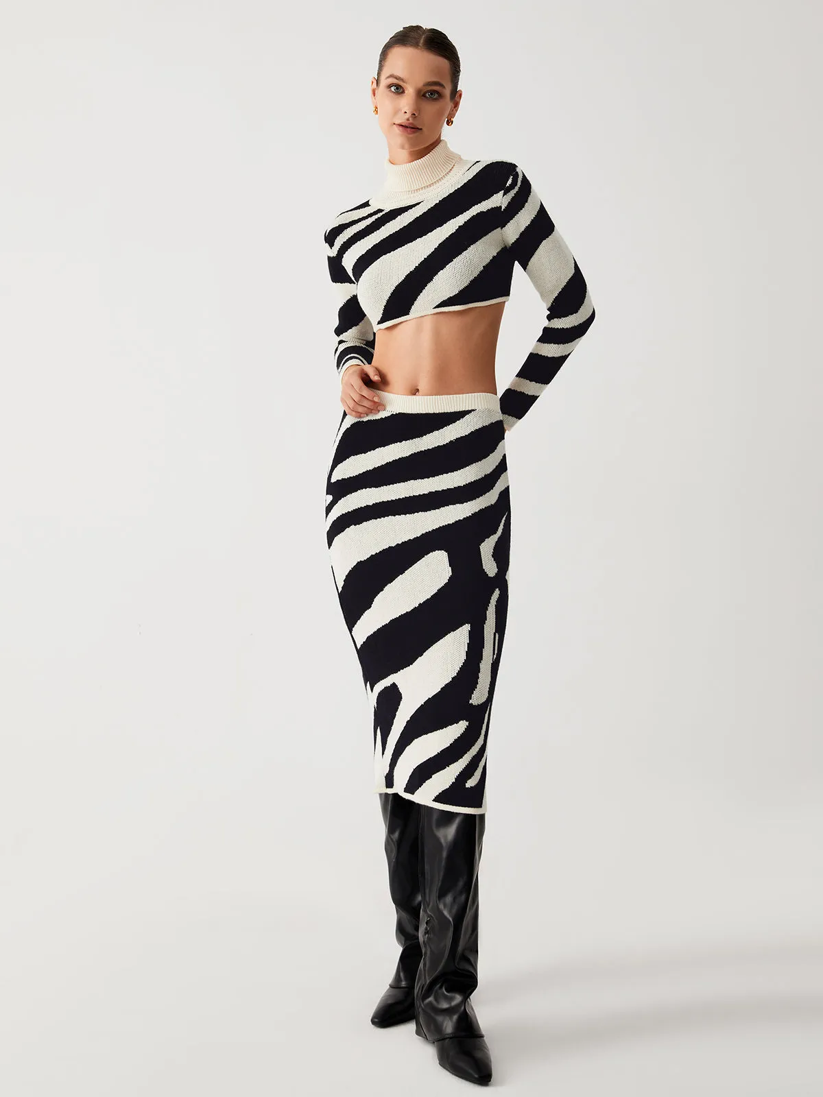 Zebra Print Mock Neck Crop Classic Top Two Piece Skirt Set