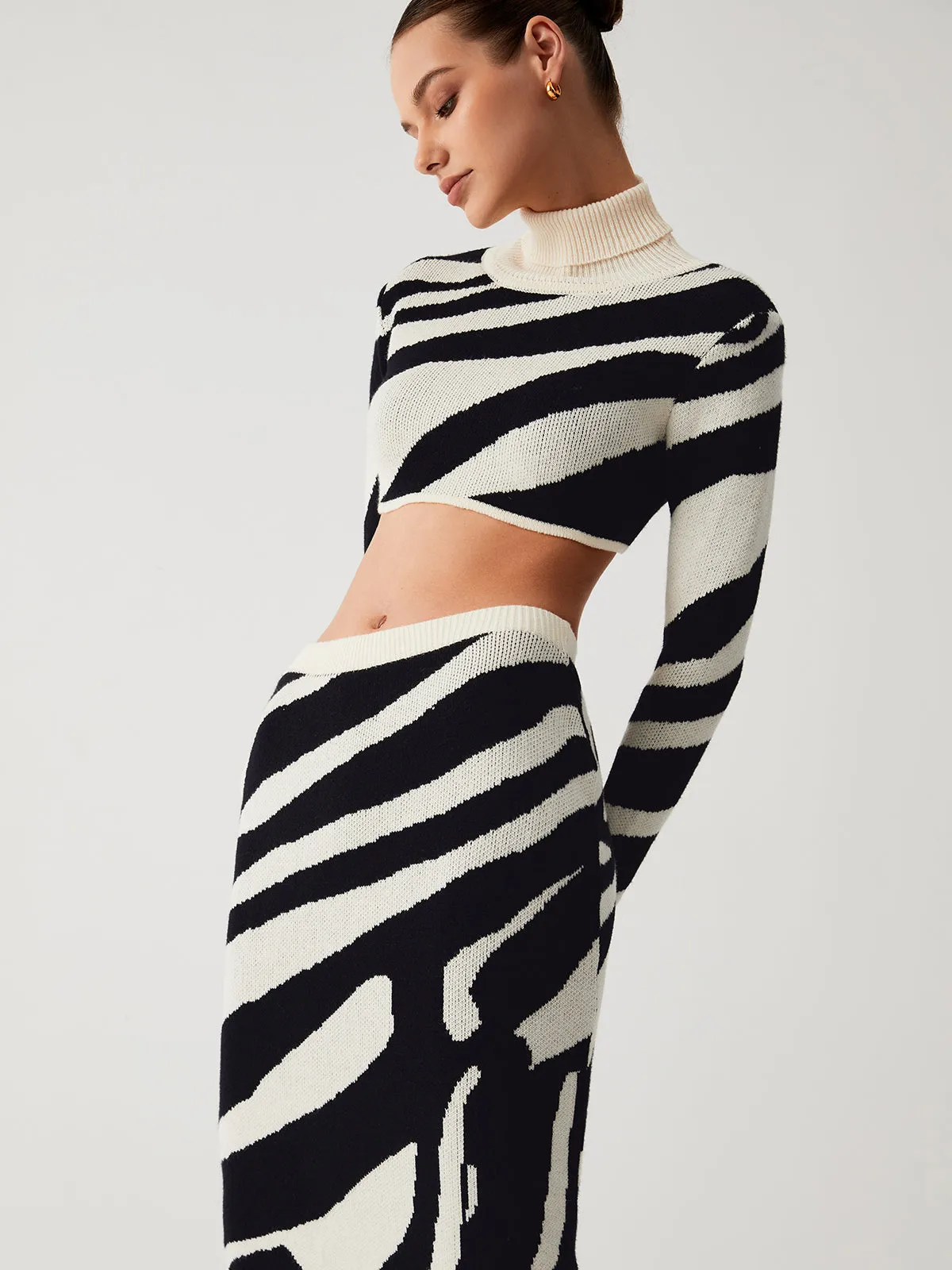 Zebra Print Mock Neck Crop Classic Top Two Piece Skirt Set