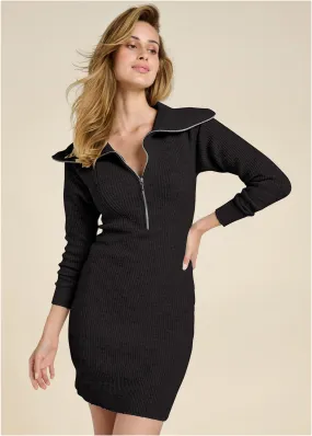 Zip Front Sweater Dress  - Black