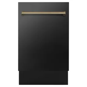 ZLINE Autograph Edition 18 in. Compact 3rd Rack Top Control Dishwasher in Black Stainless Steel with Champagne Bronze Accent Handle, 51dBa (DWVZ-BS-18-CB)