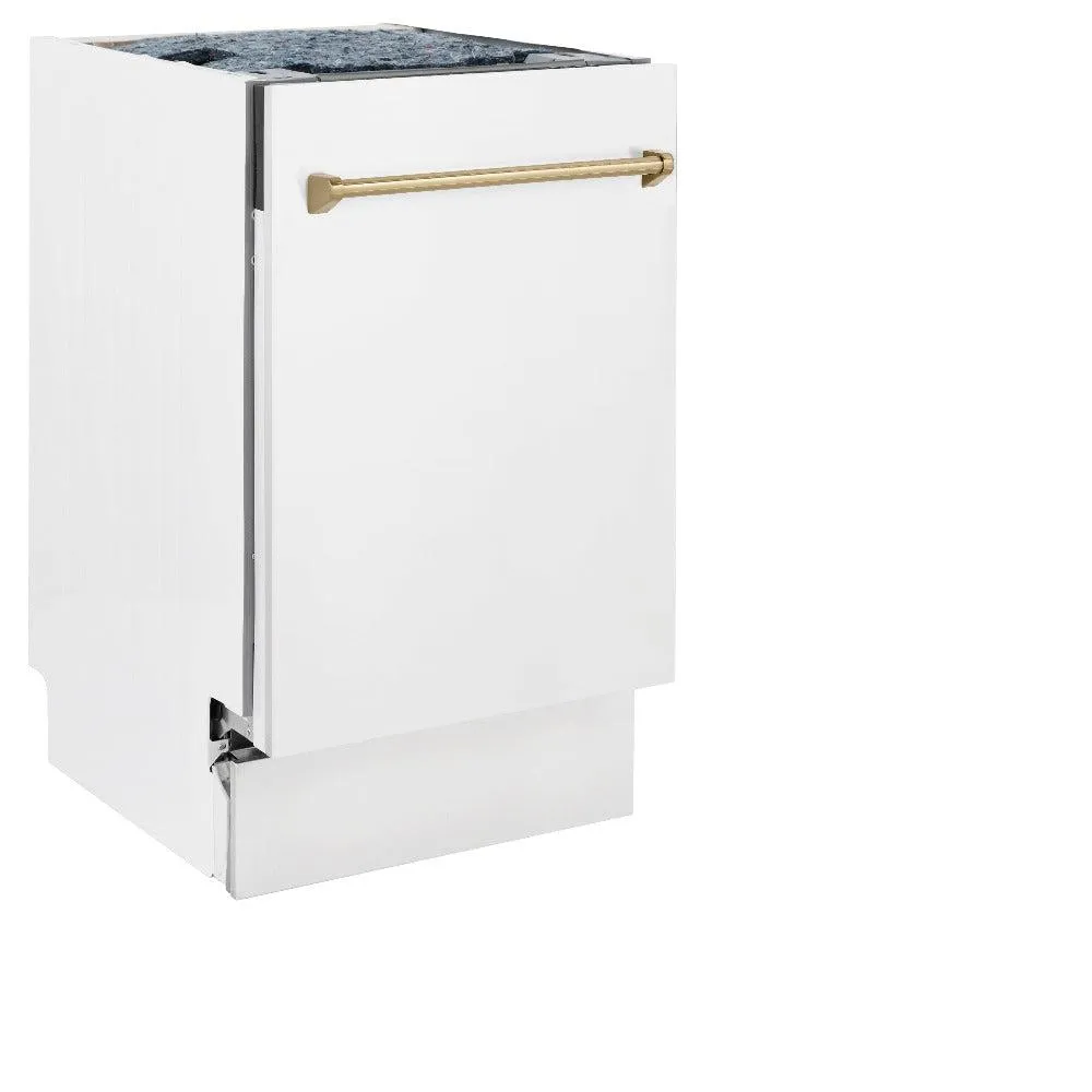 ZLINE Autograph Edition 18 in. Compact 3rd Rack Top Control Dishwasher in White Matte with Champagne Bronze Accent Handle, 51dBa (DWVZ-WM-18-CB)