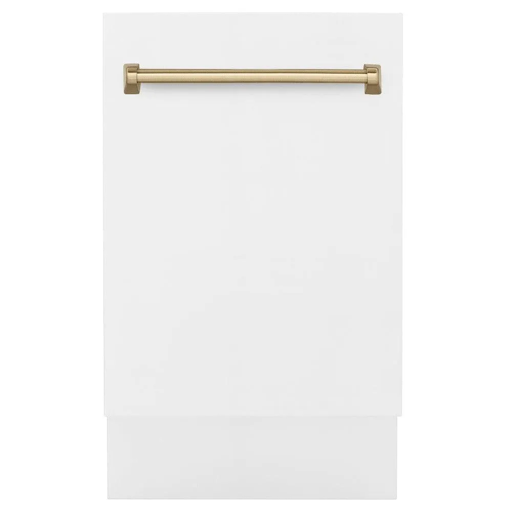 ZLINE Autograph Edition 18 in. Compact 3rd Rack Top Control Dishwasher in White Matte with Champagne Bronze Accent Handle, 51dBa (DWVZ-WM-18-CB)