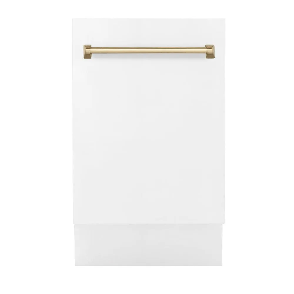 ZLINE Autograph Edition 18 in. Compact 3rd Rack Top Control Dishwasher in White Matte with Champagne Bronze Accent Handle, 51dBa (DWVZ-WM-18-CB)