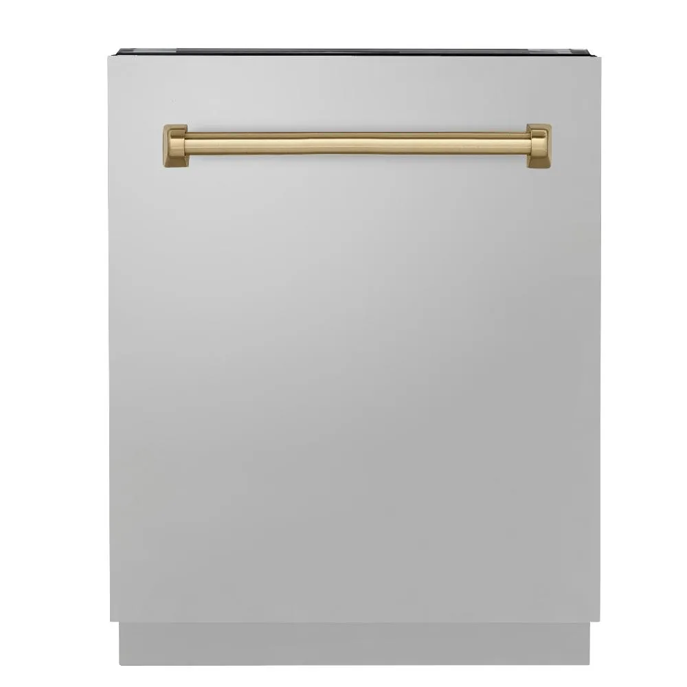 ZLINE Autograph Edition 24 in. 3rd Rack Top Control Tall Tub Dishwasher in Stainless Steel with Champagne Bronze Handle, 51dBa (DWVZ-304-24-CB)