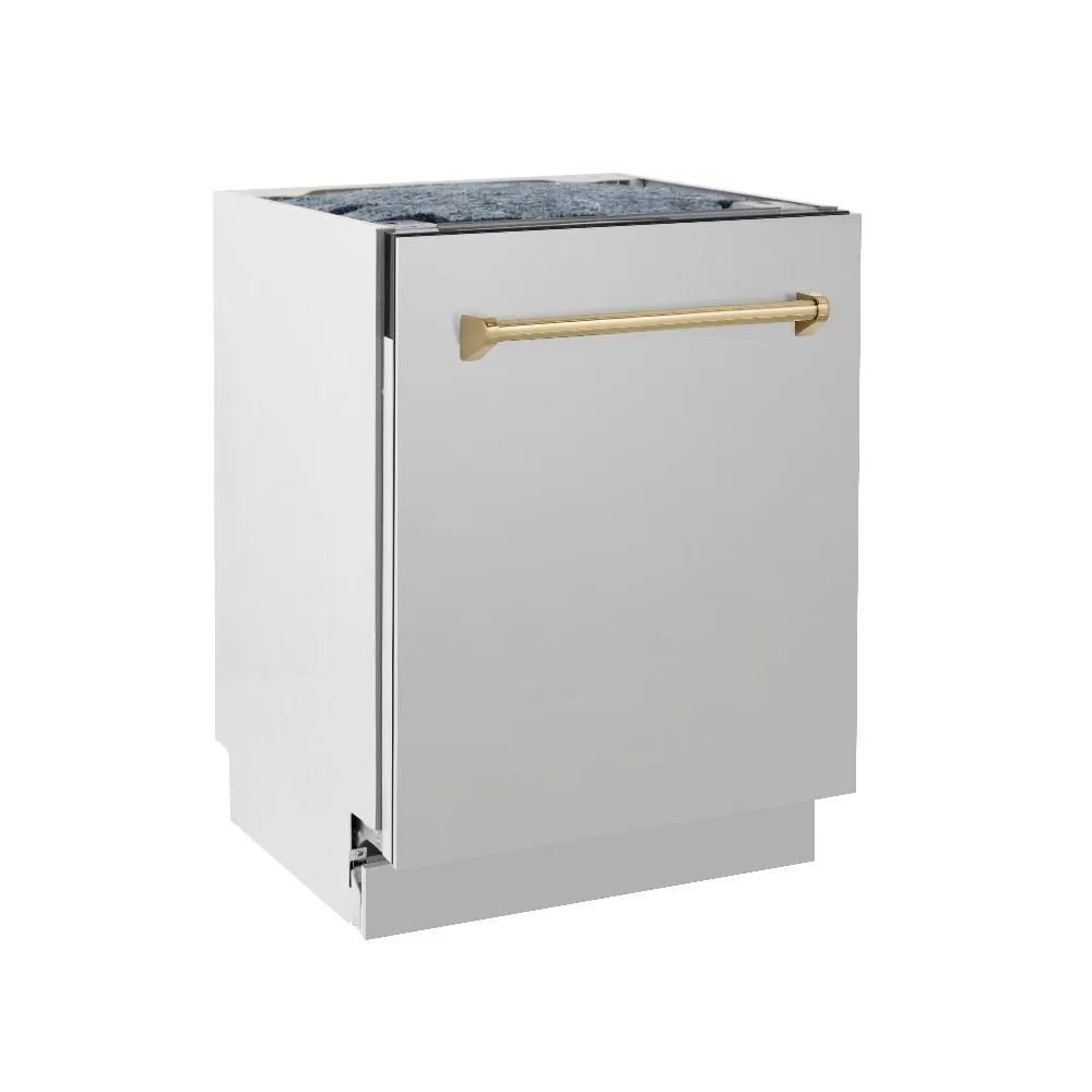 ZLINE Autograph Edition 24 in. 3rd Rack Top Control Tall Tub Dishwasher in Stainless Steel with Champagne Bronze Handle, 51dBa (DWVZ-304-24-CB)