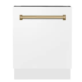 ZLINE Autograph Edition 24 in. 3rd Rack Top Control Tall Tub Dishwasher in White Matte with Champagne Bronze Accent Handle, 51dBa (DWVZ-WM-24-CB)