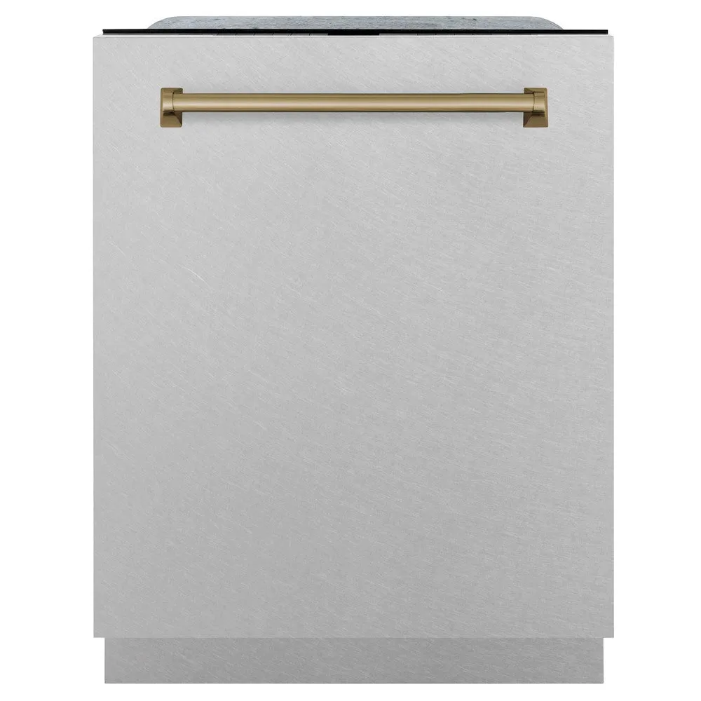 ZLINE Autograph Edition 24 in. Monument Series 3rd Rack Top Control Tall Tub Dishwasher in Fingerprint Resistant Stainless Steel with Champagne Bronze Accents, 45dBa (DWMTZ-SN-24-CB)