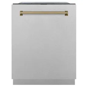 ZLINE Autograph Edition 24 in. Monument Series 3rd Rack Top Control Tall Tub Dishwasher in Fingerprint Resistant Stainless Steel with Champagne Bronze Accents, 45dBa (DWMTZ-SN-24-CB)