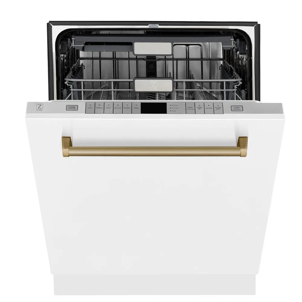 ZLINE Autograph Edition 24 in. Monument Series 3rd Rack Top Touch Control Tall Tub Dishwasher in White Matte with Champagne Bronze Accent Handle, 45dBa (DWMTZ-WM-24-CB)