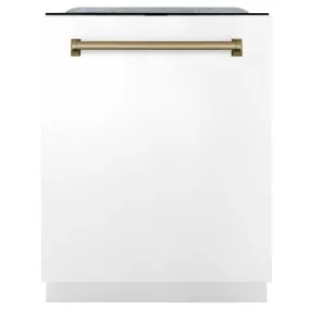 ZLINE Autograph Edition 24 in. Monument Series 3rd Rack Top Touch Control Tall Tub Dishwasher in White Matte with Champagne Bronze Accent Handle, 45dBa (DWMTZ-WM-24-CB)