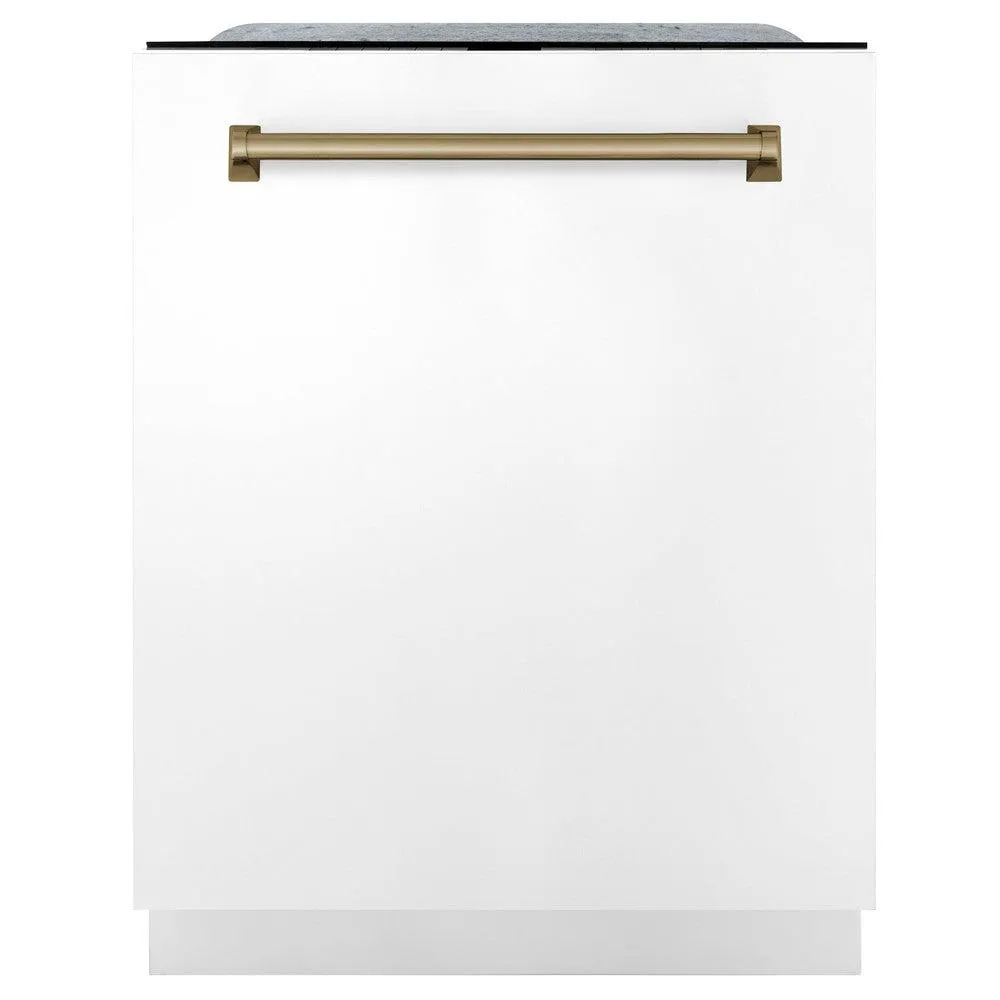 ZLINE Autograph Edition 24 in. Monument Series 3rd Rack Top Touch Control Tall Tub Dishwasher in White Matte with Champagne Bronze Accent Handle, 45dBa (DWMTZ-WM-24-CB)